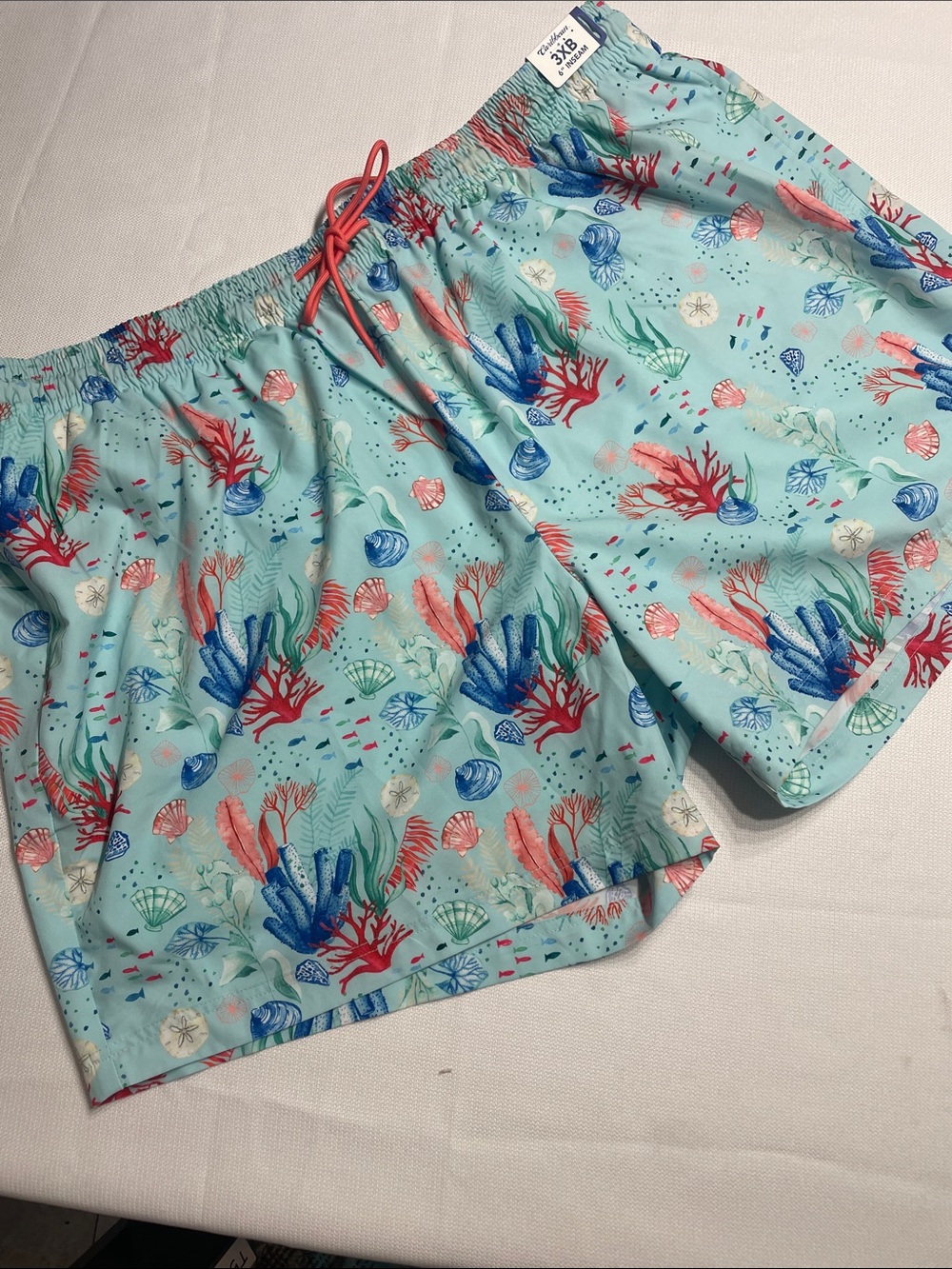 Caribbean Sea Life Print Swim Trunks - Light Aqua,Coral & Blue. Size 3XB. New